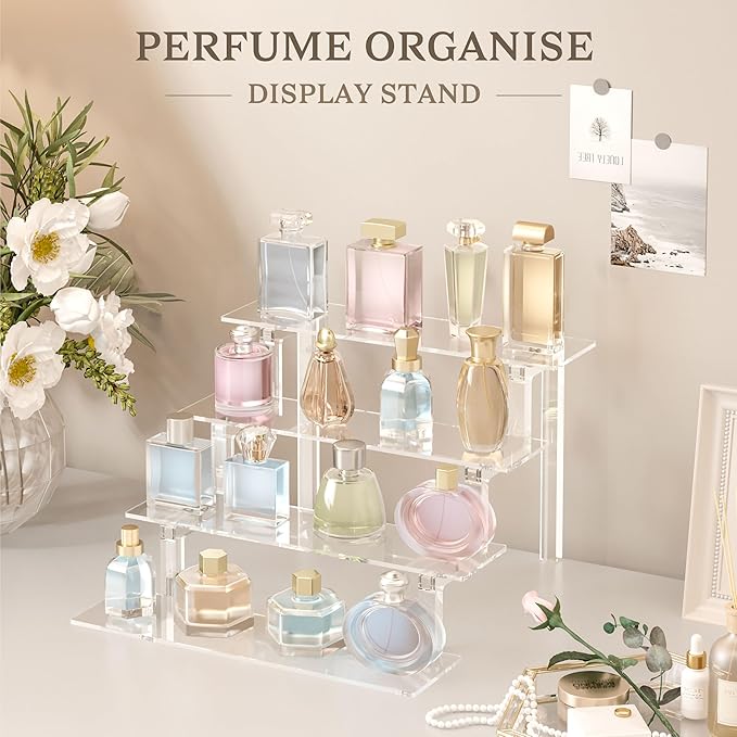 Kcrystenia Acrylic Display Stands Risers, 9”Clear Perfume Organizer Stand Shelf, 4 Tier Acrylic Risers for Display Decorative Perfume Makeup Nail Polish Dessert (2 Pack)
