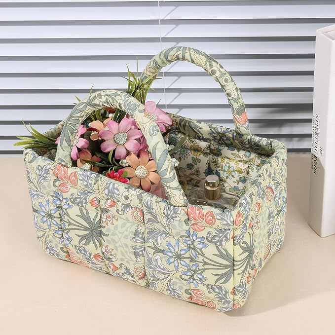 Mini Storage Basket, Small Quilted Boho Fabric Organizer Bin with Handle, Portable Collapsible Basket for Socks, Keys, Diaper