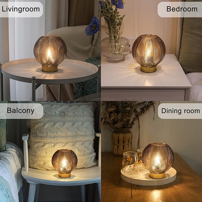 LUSHARBOR Battery Operated Lamp with Timer, Small Glass Table Lamp, Decorative Cordless Battery Powered Bedside Lamps for Living Room Shelf Decro Desk -Amber
