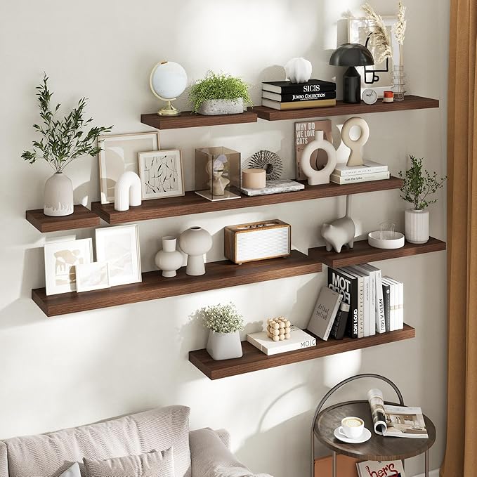 24 Inch Floating Shelves for Wall with Invisible Brackets Set of 2, 8"D Engineered Wood Wall Shelves with Wood Grain for Living Room, Bedroom, Bathroom, Kitchen Decor and Storage, Walnut Finish