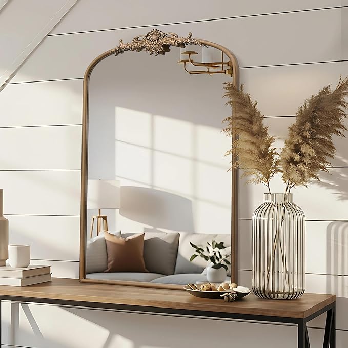Besdomus Antique Gold Arched Mirror: 24"x36" French Large Arch Gold Vintage Vanity Wall Mounted Mirror - Traditional Ornate Home Decor for Entryway/Bathroom/Bedroom - Idea for Fashion-Conscious