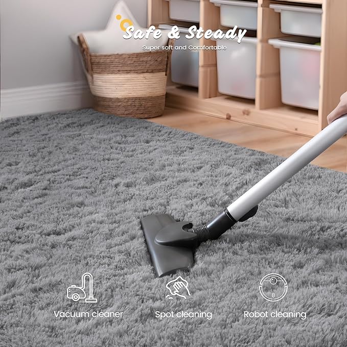 Modern Soft Fluffy Small Shaggy Rug for Bedroom Livingroom Dorm Kids Room Indoor Home Decorative, Non-Slip Plush Furry Fur Area Rugs Comfy Nursery Floor Carpet 7X10 Feet, Smoke Gray
