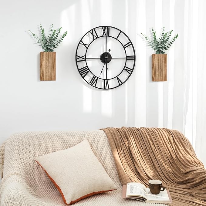 Dahey 2 Pack Wood Wall Planter Vase with Artificial Eucalyptus Farmhouse Wall Hanging Decor Pocket Planter for Indoor Fake Plants Greenery Flowers, livingroom Bedroom Kitchen Home Office Decoration