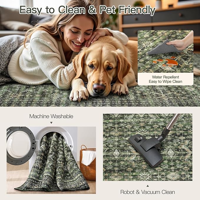 Lofus 7x10 Area Rug for Living Room,Green Washable Area Rugs with Non-Slip Backing,Soft Boho Carpets for Bedroom Dining Room Home Office Indoor Nursery