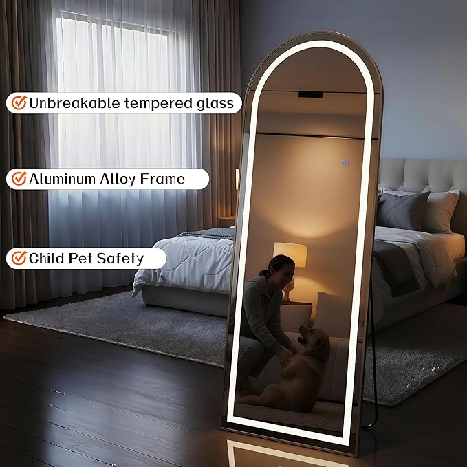 Full Length Mirror with LED Lights 65"x24"Arched Full Body Mirror with Stand Aluminum Alloy Frame, Floor Mirror with Dimming & 3 Color Lighting for Bedroom Dressing Room Tempered Glass Silver