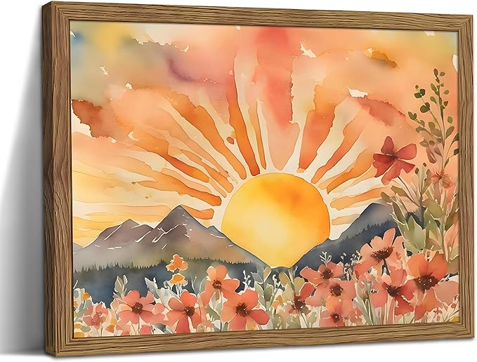 Framed Sunset Boho Wall Art for Living Room - Modern Abstract Floral Canvas Picture Boho Wall Decor, Sun Landscape Aesthetic Painting Poster Prints for Bedroom Home Office 8x10 inch
