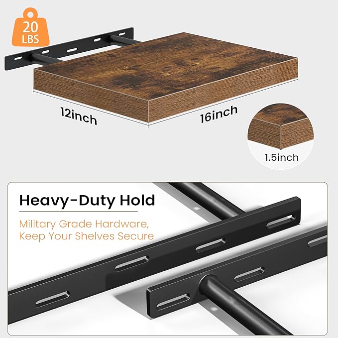 Floating Shelves for Wall, 16'' W x 12'' D Wall Mounted Rustic Wood Shelves for Bathroom, Bedroom, Living Room, Kitchen, Hanging Shelf for Storage/Room Decor with Heavy Duty Brackets, Brown, 2 Pack