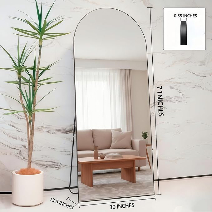 Full Length Mirror71"x30"Black Arched Floor Mirror with Stand, Aluminum Alloy Frame Tempered Glass Full Body Mirror,Wall Mountable or Leaning Against Wall for Bedroom Living Room Dressing Room
