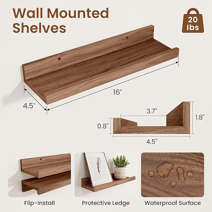 Heimlove Picture Ledge Shelf, Small Floating Shelves Set of 2, 16 Inches Picture Shelf for Wall with Ledge, Kids Bookshelf Wall Mounted for Living Room Bedroom Decor，Walnut Color
