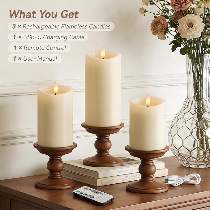 Rechargeable Flickering Flameless Candles Melted Edge Battery Operated with Remote and Timer, Real Wax LED USB Type-C Pillar Candles, Set of 3 (3" x 4",5",6"), Ivory, Home Decor
