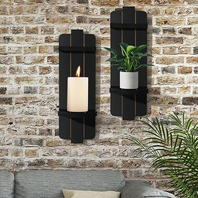 Rustic Candle Holder Set of 2 – Vintage Black Wooden Wall Sconces for Fireplace, Bedroom & Living Room – Farmhouse Wall Decor with Candle Shelf for Home, Aisle, Hallway