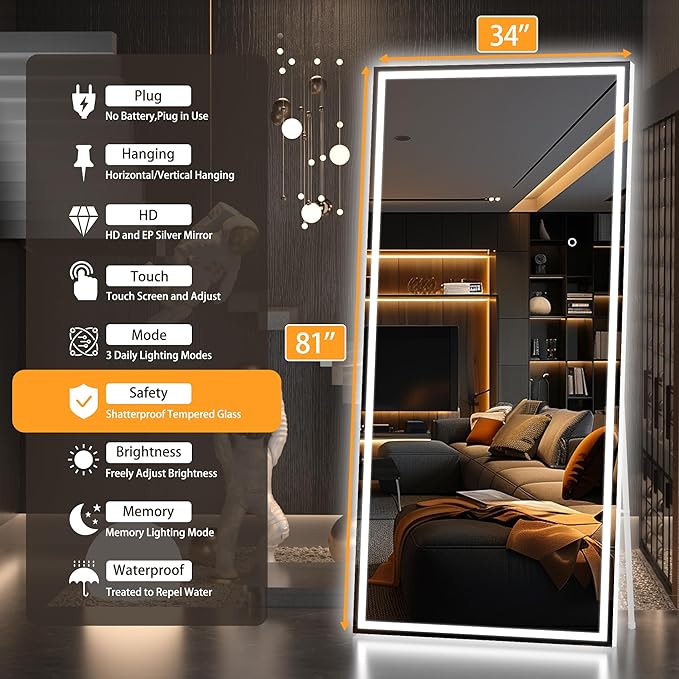 Hasipu Full Length Mirror with Lights, 81" x 34" LED Lighted Floor Standing, Full Body Dressing Hanging Mounted Mirror, Tempered Glass, Square White