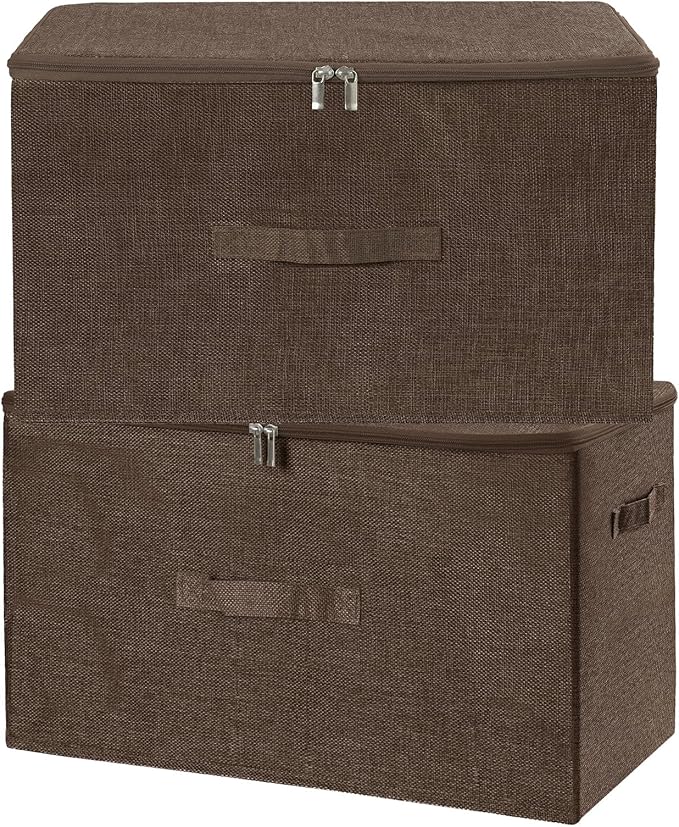 ANMINY 2PCS Storage Bins with Zipper Lids 51.9 Qt Lidded Fabric Storage Boxes Baskets Cubes with Handles Collapsible Washable Cotton Linen Closet Shelf Clothes Organizer - Coffee, Extra Large