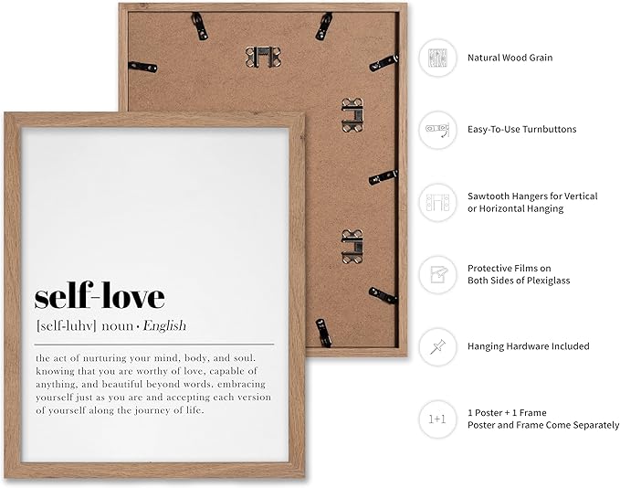 Poster Master Typography Poster - Dictionary Print - Self Love Definition, Nurturing your Mind and Soul, Worthy, Motivational - Gift for Family, Friend - Wall Decor for Home, 8x10 Beige Framed