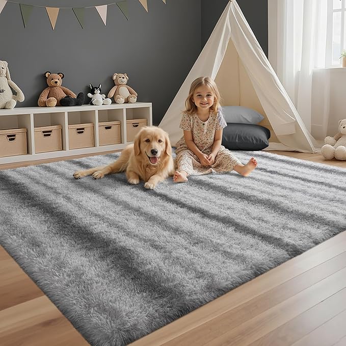 4x6 Feet Area Rugs for Bedroom,Grey and White Plush Fluffy Shaggy Living Room Rugs Non-Slip, Ultra Soft Carpet for Nursery Kids PlayRoom Dorm Office Indoor