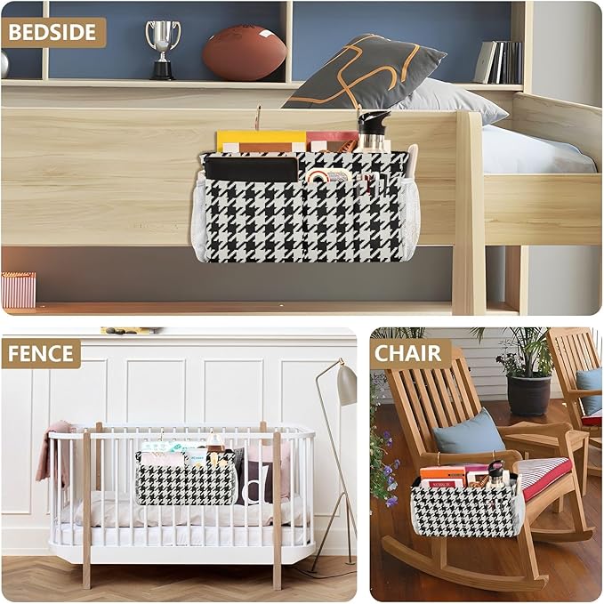 Classic Houndstooth Print Bedside Caddy Storage Bag Bedside Organizer for Bunk Bed Headboards College Organizer Caddy Hanging Shelf 6 Pockets with Hooks for Drinks Magazine Phone Holder