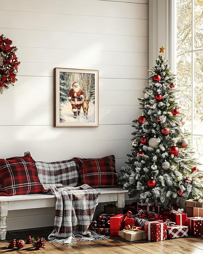 VIYYIEA Winter Framed Wall Art for Living Room, Santa Claus and Reindeer Canvas Prints, Oil Painting Home Decor, Christmas Picture, Bathroom Wall Decor Gifts for Friends or Family - 16L x 12W