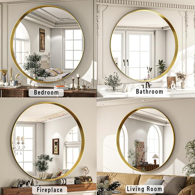 30 inch Round Bathroom Mirror, Gold Metal Deep Frame Wall Mounted Circle Mirror for Wall Decor, Living Room, Vanity, Entryway, Hanging or Leaning