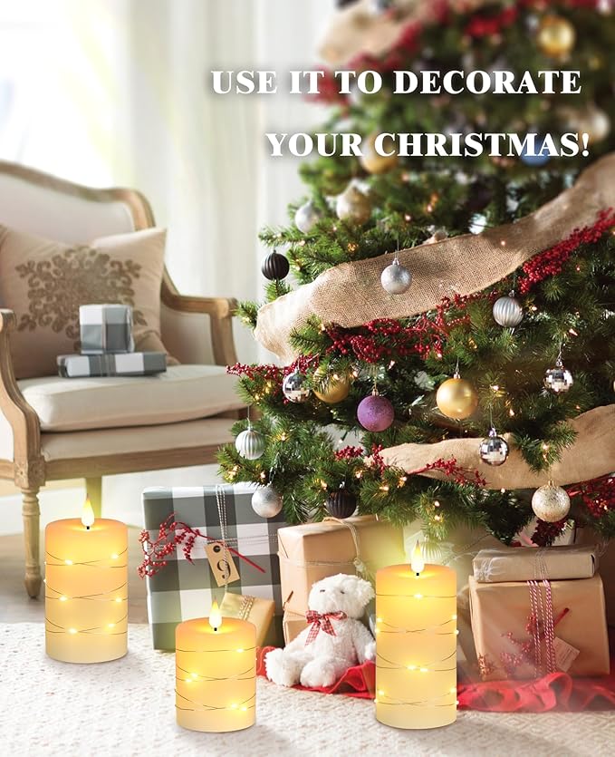 Upinmz Flickering Flameless Candles with Embedded String Lights, Battery Operated Candles with Remote Control and Timer,LED Candles for Home Decoration,Real Wax, 3 Pack Ivory