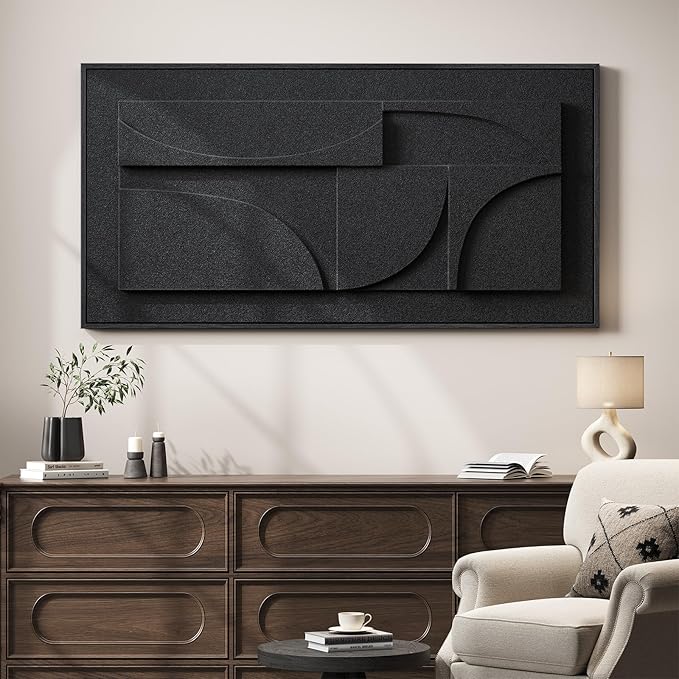 Large Framed 3D Textured Abstract Wall Art for Living Room, Horizontal Black Geometric Paintings Artwork for Walls, Modern Minimalist Pictures for Bedroom Dining Room Home Office Wall Decor 30x60