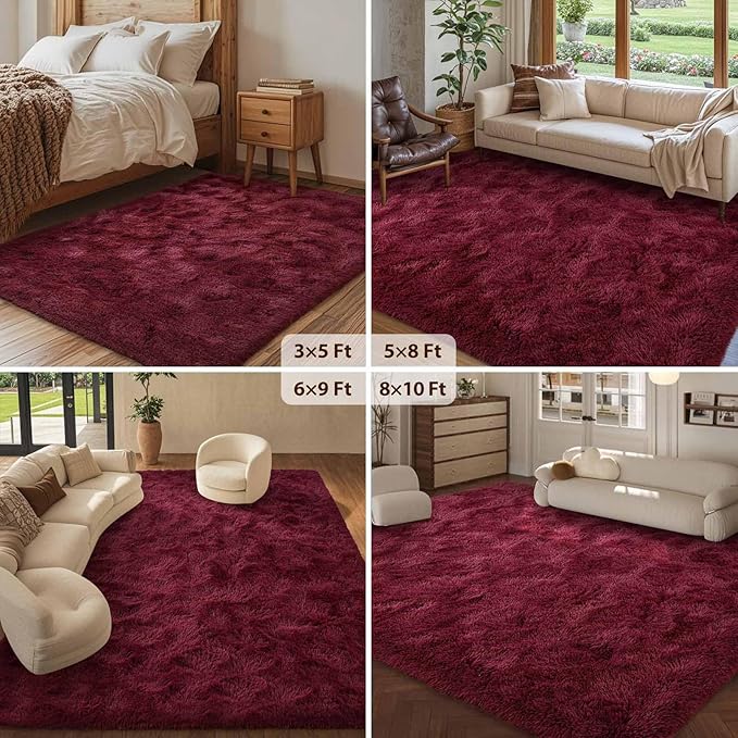 FinRèc 9x12 Feet Rugs for Living Room Bedroom, Red Fluffy Shag Area Rug, Non-Slip Plush Fuzzy Rugs for Nursery Kids Room Dorm Room Home Decor, Indoor Furry Floor Carpet