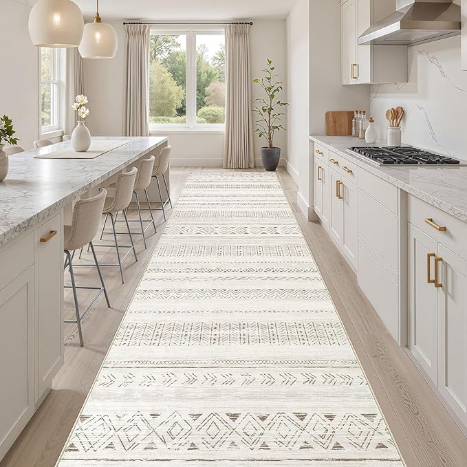 cotiled Hallway 3x12 Runner Rugs: Washable Boho Rugs with Non Slip Backing Large Soft Indoor Stain Resistant Carpet for Living Room Bedroom Farmhouse Dining Room Lightweight Home Decor L Brown/Cream