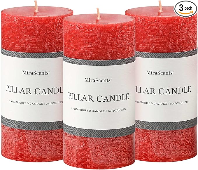 3x6 Inch Bright Red Pillar Candles Set of 3 - Hand-Poured Unscented Candles, Long Clean Burning, Large Big Candle, Smokeless Dripless Candle for Dinner Table, Wedding, Home, Rustic Decor