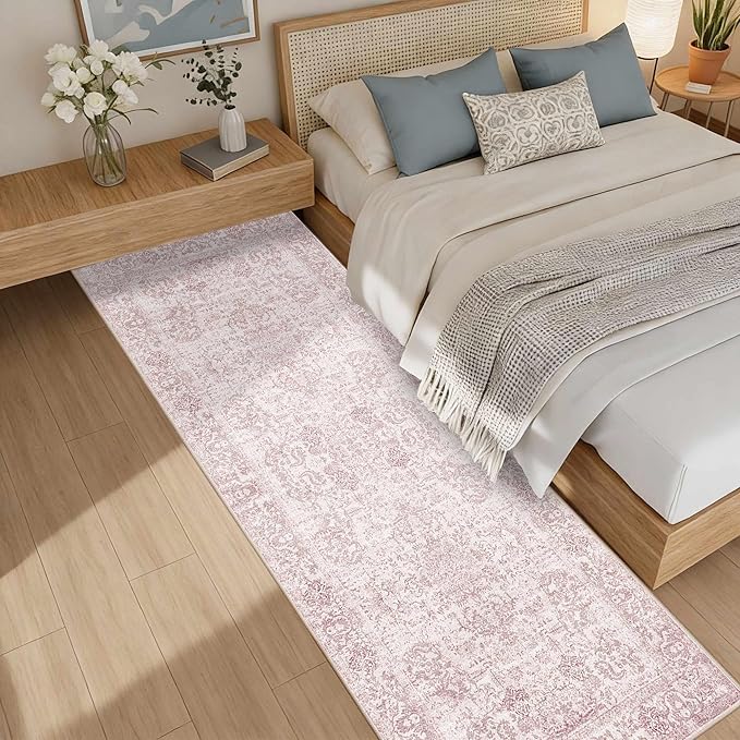 Rugxara 2x6 Hallway Runner Rug, Non Slip Boho Runner Rugs for Hallway, Kitchen, Entrance, Bathroom, Laundry Room, Soft Ultra-Thin Entryway Carpet, Throw Low Pile Retro Imitation Wool Carpet, Pink