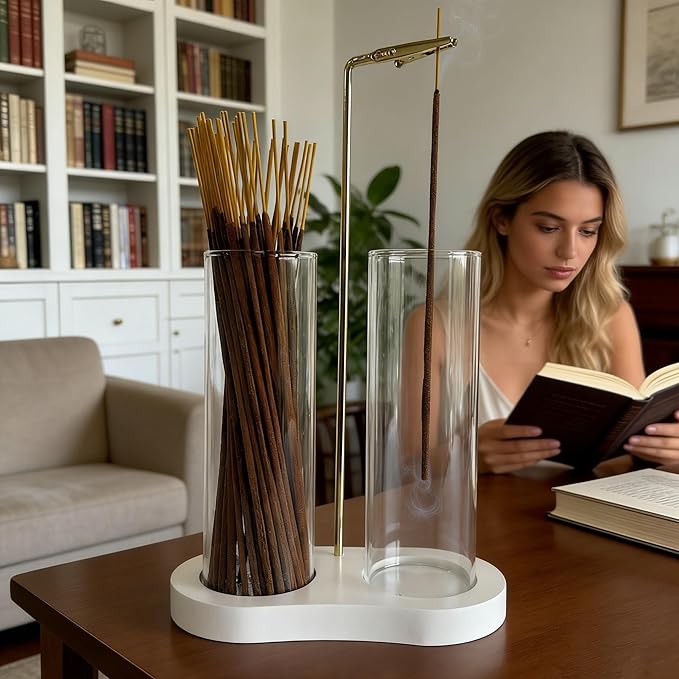 Glass Incense Holder, Incense Sticks Burner Holder with Storage,Hang Upside Down Incense Holder for Sticks with Glass Ash Catcher for Meditation Yoga Spa Room Decor (White)