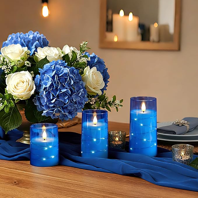 Homemory Flameless Candles with Embedded Star String Fairy Lights, Battery Operated Candles, LED Candle, Fake Candles with Remote Control and Timer, Blue, Set of 3(H 4" 5" 6”)