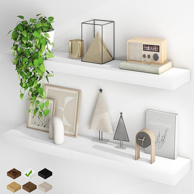 Fun Memories Floating Shelves for Wall, 40Inch Floating Shelves Set of 2, Hanging Shelf with Invisible Brackets, Wood Shelves for Living Room, Bedroom, Kitchen, White