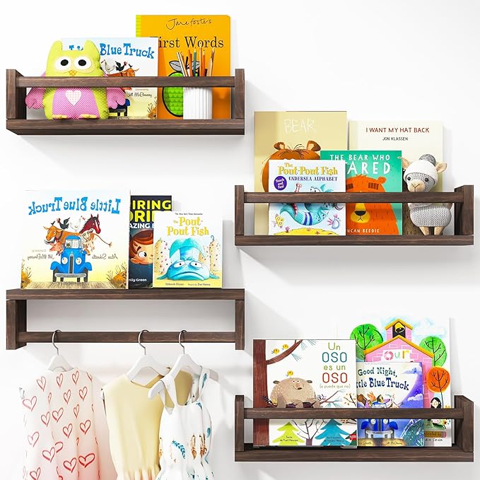 Fixwal Nursery Book Shelves, 16.5 Inch Nursery Shelves for Kids Rooms, Floating Shelves for Wall Set of 4, Solid Wood Wall Mounted Shelves for Books and Toys Storage (Brown)