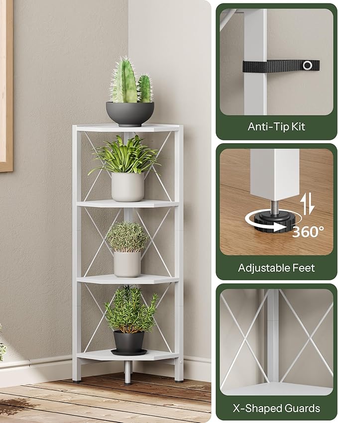 CHOEZON 4-Tier Corner Shelf, Corner Bookcase, 43.3" Tall Vertical Display Rack, Plant Stand, Open Storage Shelf, for Living Room, Bedroom, Study, Kitchen, White TCJ14WB