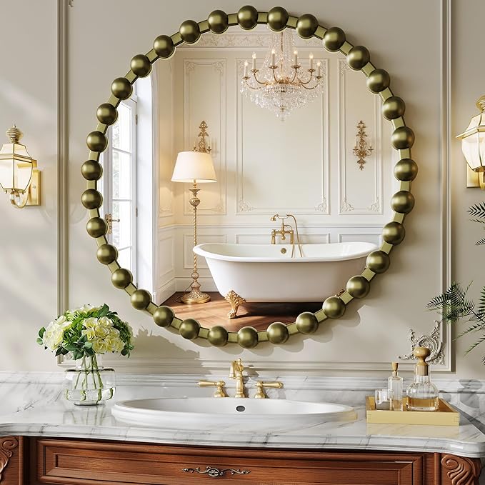 Round Vintage Vanity Mirror, 28 Inch Beaded Frame Circle Wall Mirror for Bathroom, Bedroom Dresser, Entryway, Living Room, Decorative Hanging Wall Mirror, Bronze