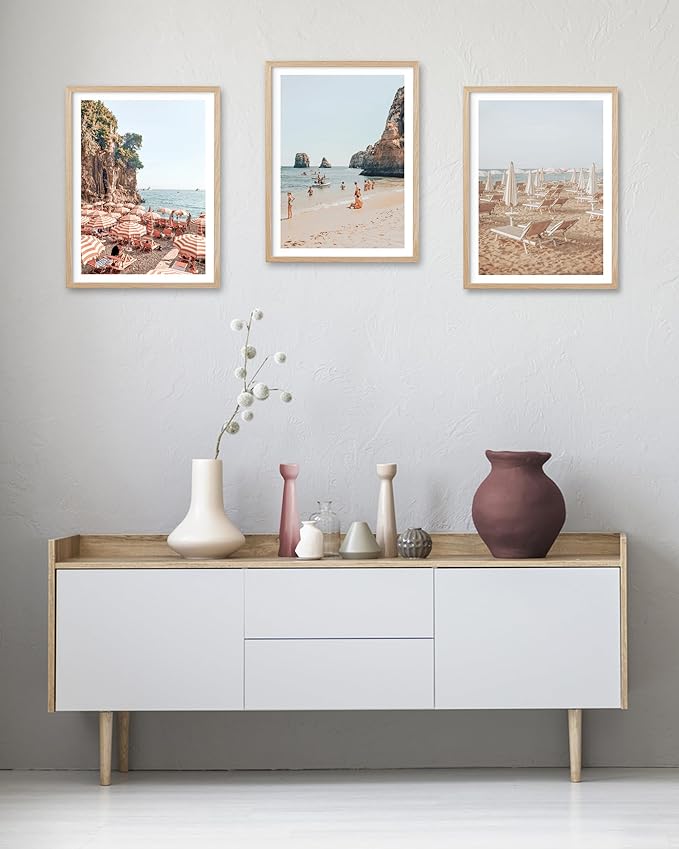 HesenDot Natural OAK Wood Framed Italy Beach Wall Art,12x16in Amalfi Coast Canvas Wall Print,Positano Seascape White Beach Chair Wall Decor for Living Room, Bedroom,Office Gallery Set of 1