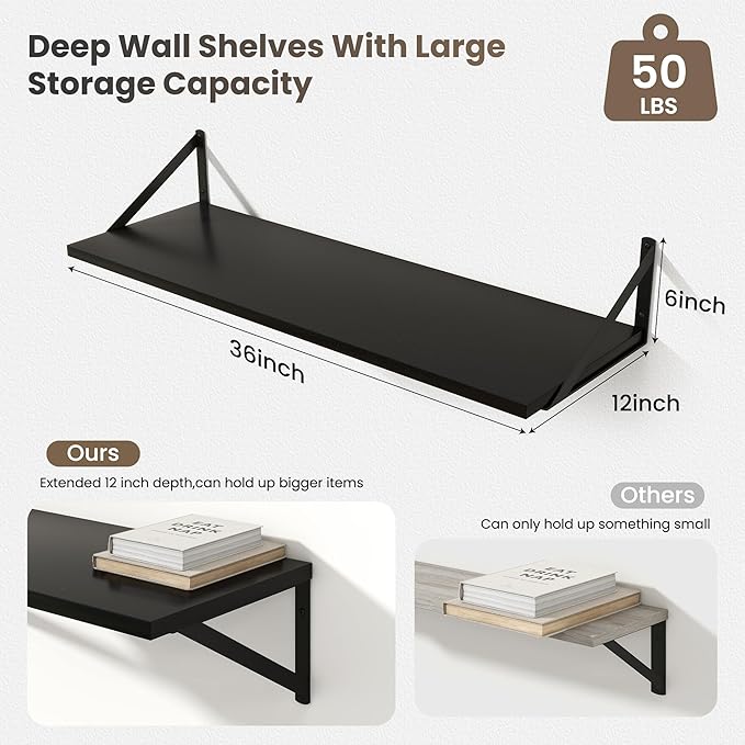 Marsmiles Black Floating Shelves for Wall - 36 Inch Wide x 12 Inch Deep Wall Shelves Set of 2 - Wood Floating Shelves for Living Room Bedroom Bathroom