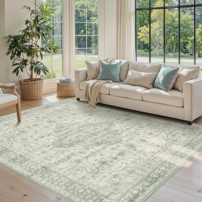 Rugxara Washable Area Rug for Living Room, Vintage Boho Rugs for Office, Dining Room, Kids Room, Farmhouse, Durable Low Pile Non Slip Carpet for High Traffic Areas, Sage Green(4x6 ft)