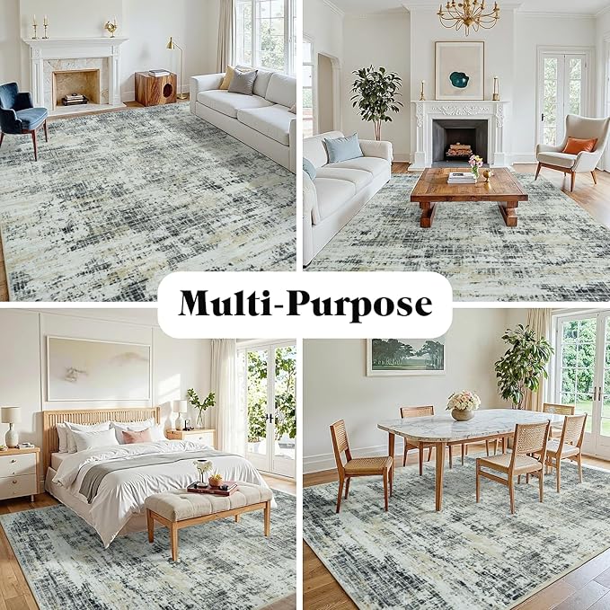 10x12 Area Rugs for Living Room Washable Rug: Anti-Skid Abstract Modern Living Room Rug Soft Thin Carpets Indoor Floor Non-Shedding Carpet for Bedroom Dining Farmhouse Nursery Black Gray Gold