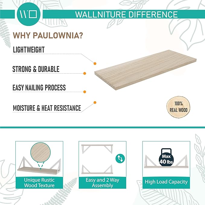 Wallniture Minori Floating Shelves for Wall Storage, Floating Bookshelf Set of 3, Bathroom and Kitchen Organizer Natural Wood Wall Shelves with White Brackets