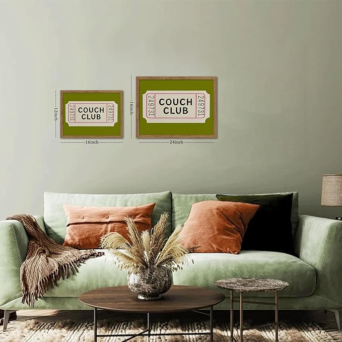 Vintage Framed Wall Art, Couch Club Ticket Canvas Wall Decor Painting, Retro Green Minimalist Quote Poster Print Picture for Living Room Bathroom Home Decor 16x24 Inch