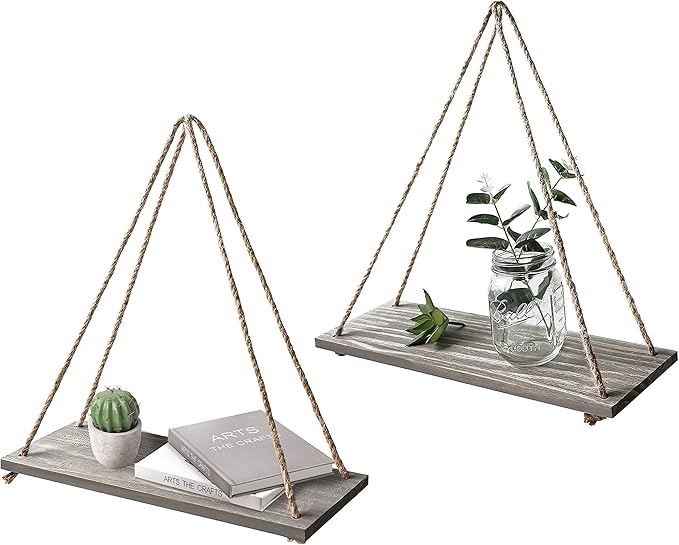 17 x 5 inch Wall Hanging Floating Shelves, Distressed Wood Farmhouse Organizer, Rustic Home Décor for Living Room Bathroom Bedroom Kitchen Apartment, Set of 2, Gray Wash
