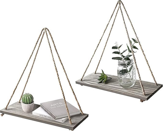 17 x 5 inch Wall Hanging Floating Shelves, Distressed Wood Farmhouse Organizer, Rustic Home Décor for Living Room Bathroom Bedroom Kitchen Apartment, Set of 2, Gray Wash