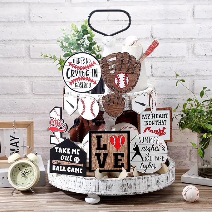 13 Pcs Baseball Tiered Tray Decor Wooden Table Centerpieces Rustic Wooden Baseball Game Sign for Fans Theme Party Ceremony