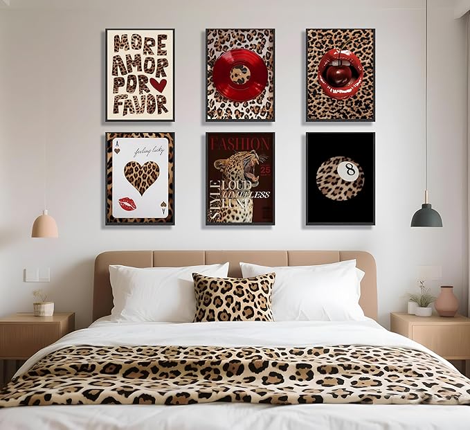 6pcs Fashion Leopard Wall Art Prints Leopard Lucky 8 Ball Poster Ace of Hearts, Spades Poker Canvas Prints Vintage Preppy Room Aesthetic Cheetah Wall Decor for Teen Girls Bedroom Dorm Apartment Living Room Decor Unframed