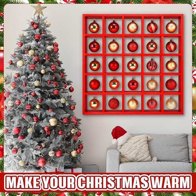 Cinnvoice Christmas Holiday Ornament Displays Rack Wooden Hanging Stand Holder Hanger for Christmas Ball Display Shelf Cabinet for Craft DIY Wall Decorations Gift (Red,25 Compartment)