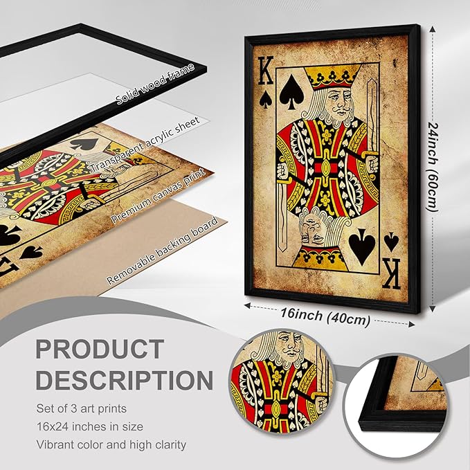 Playing Card Wall Art Poster Vintage Poker Canvas Wall Decor Retro Game Room Art Picture Joker King Queen Poster Trendy Retro Prints Vintage Poker Painting Artwork for Bedroom 16x24 Inch Framed 3Pcs