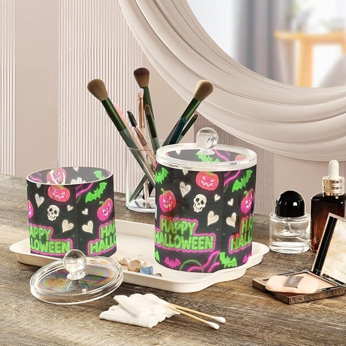 Halloween Heart Pumpkin Neon Green Pink Clear Plastic Makeup Organizer Storage with lid Dresser Essentials Decorative storage bin for Cotton Swabs,Cotton Pads,Floss Picks,Paper