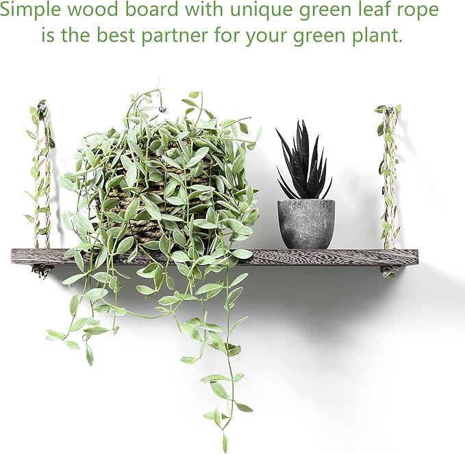 MITIME Leaf Rope Hanging Floating Shelves, Wall Swing Storage Shelf for Home Decor.17, 2-Pack (Retro Color)