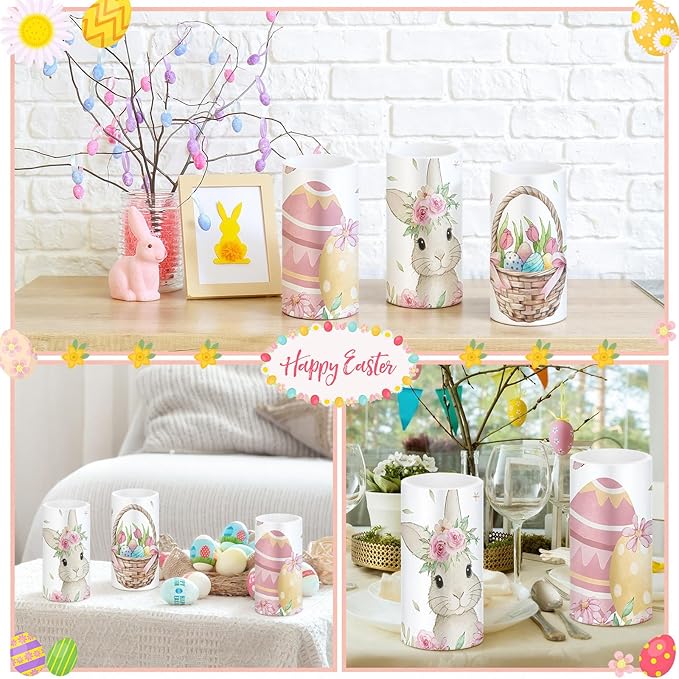 Retisee 3 Pcs Colorful Easter Flameless LED Candles Battery Operated Bunny Spring Flickering Pillar Candles with Remote Pastel Easter Decoration Centerpiece for Bedroom Living Room Dinner Table Decor