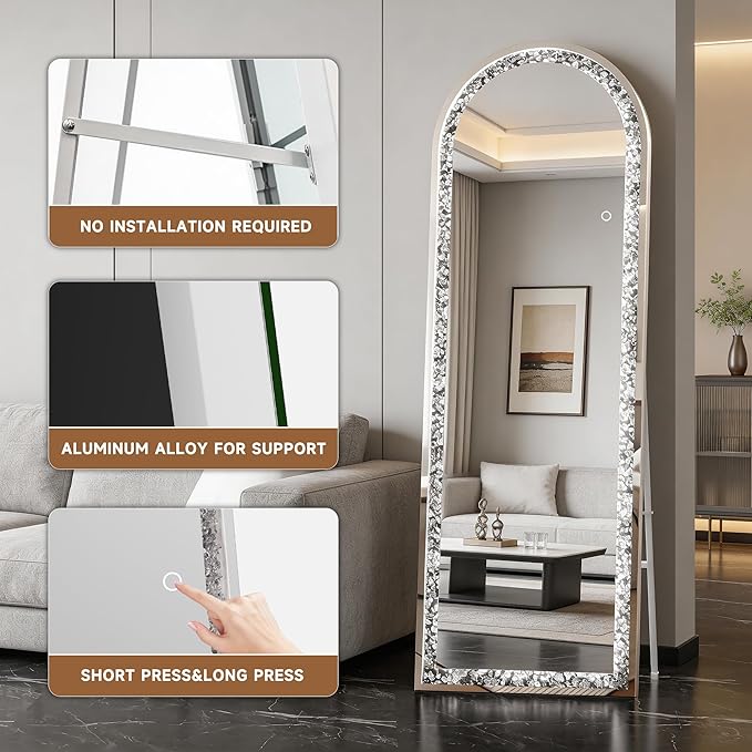 71"×24" Full-Length Mirror with Lights- Arch Crystal Crush Diamond Wall Mounted Hanging Diamond Mirror Leaning for Living Room Bedroom
